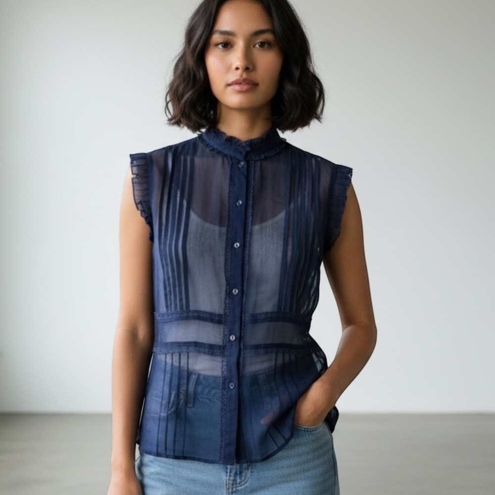Crown of Hearts Dark Blue sheer button down top SIZE M ruffles pleaded elastic